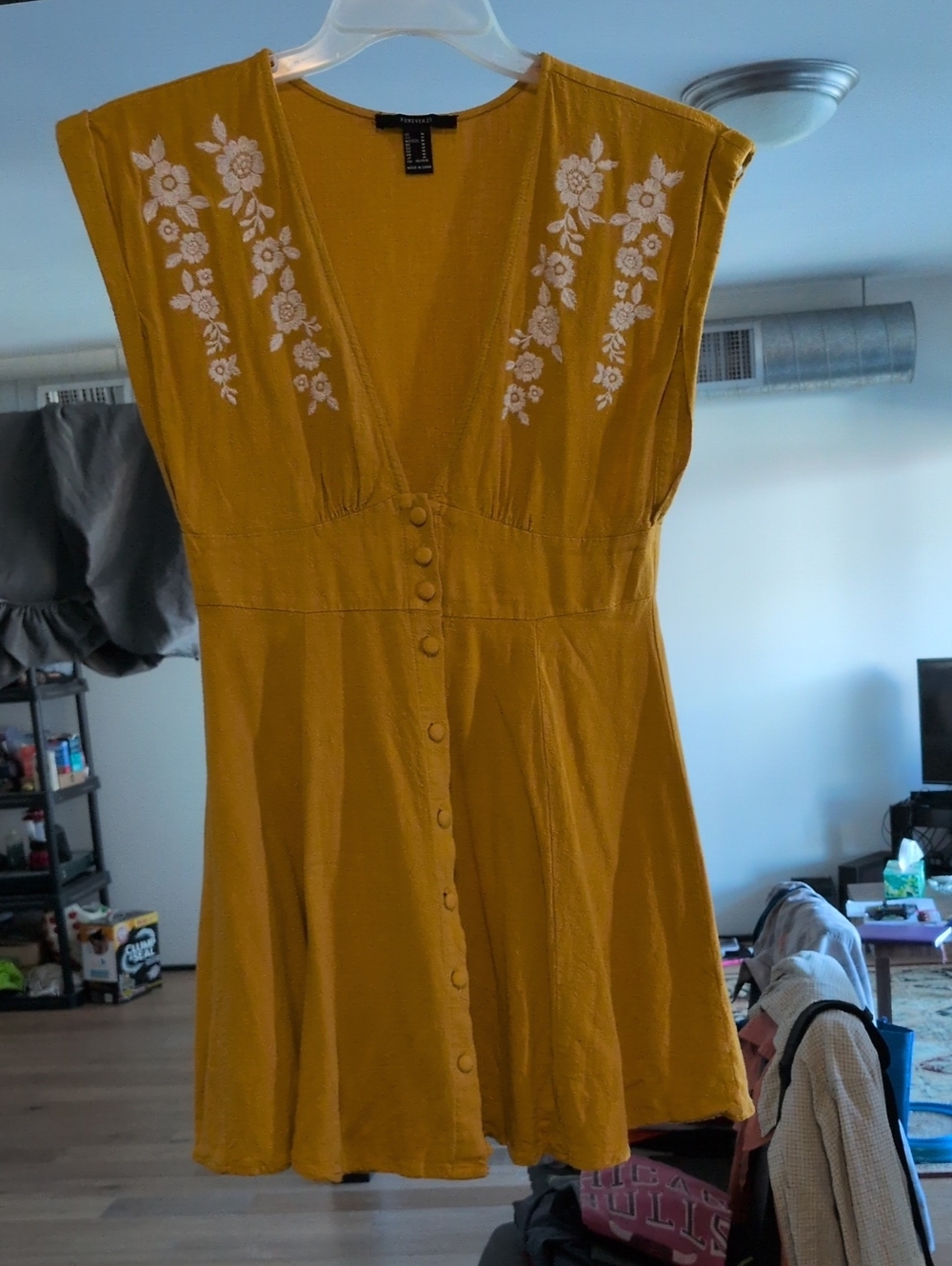 Forever 21 Mustard Yellow Embroidered Button-Front Mini Dress